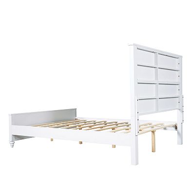 Pnronnc White Classic Wooden Low Profile Platform Bed Frame with Grooved Headboard