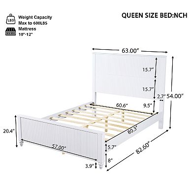 Pnronnc White Classic Wooden Low Profile Platform Bed Frame with Grooved Headboard