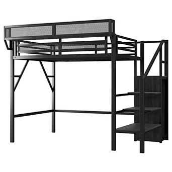 Pnronnc High Metal Loft Bed with Stairs, Storage Shelves and Wardrobe, Twin Size Storage Loft Bed