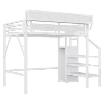 Pnronnc High Metal Loft Bed with Stairs, Storage Shelves and Wardrobe, Twin Size Storage Loft Bed