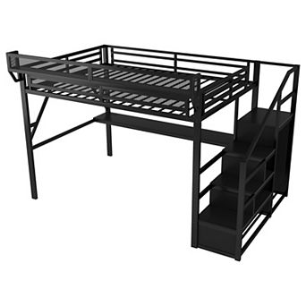 Pnronnc Metal Loft Bed with Desk, Wardrobe, Stairs, Shelves, Charging Station and RGB LED Lights