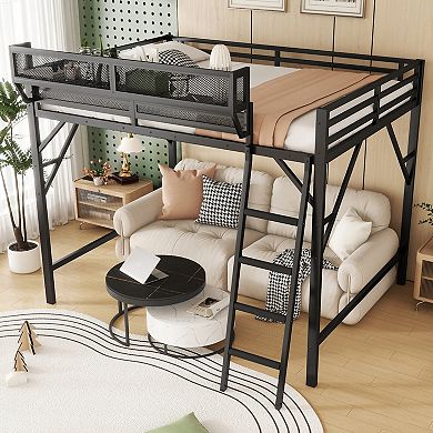 Pnronnc High Loft Storage Bed, Metal Loft Bed with Storage Shelves and Ladder