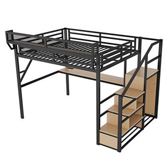 Pnronnc Metal Storage Loft Bed with Desk, Storage, Wardrobe, LED & Charging Station
