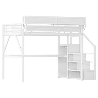 Pnronnc Metal Storage Loft Bed with Desk, Storage, Wardrobe, LED & Charging Station