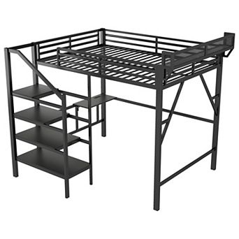 Pnronnc Metal Loft Bed with Foldable Desk, Charging Station, Light and Staircase Storage