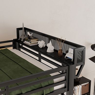 Pnronnc Metal Loft Bed with Foldable Desk, Charging Station, Light and Staircase Storage