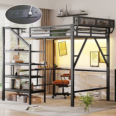 Pnronnc Metal Loft Bed with Foldable Desk, Charging Station, Light and Staircase Storage