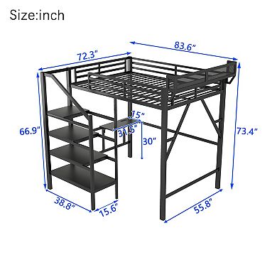 Pnronnc Metal Loft Bed with Foldable Desk, Charging Station, Light and Staircase Storage