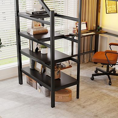 Pnronnc Metal Loft Bed with Foldable Desk, Charging Station, Light and Staircase Storage