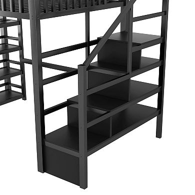 Pnronnc Full Size Metal Loft Bed with 4 Shelf Storage Rack and Charging Station, Stairs Storage