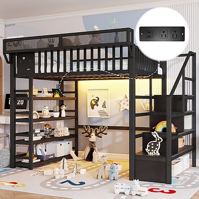 Pnronnc Full Size Metal Loft Bed with 4 Shelf Storage Rack and Charging Station, Stairs Storage