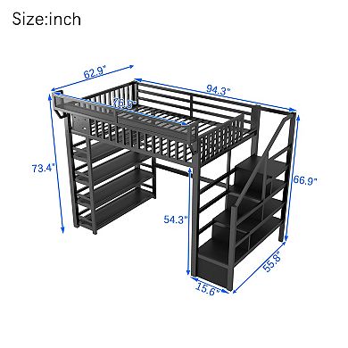 Pnronnc Full Size Metal Loft Bed with 4 Shelf Storage Rack and Charging Station, Stairs Storage