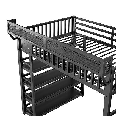 Pnronnc Full Size Metal Loft Bed with 4 Shelf Storage Rack and Charging Station, Stairs Storage