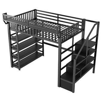 Pnronnc Full Size Metal Loft Bed with 4 Shelf Storage Rack and Charging Station, Stairs Storage