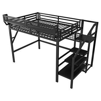 Pnronnc Metal Loft Bed with Stairs, Storage Shelves, Wardrobe & LED Light
