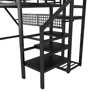 Pnronnc Metal Loft Bed with Stairs, Storage Shelves, Wardrobe & LED Light