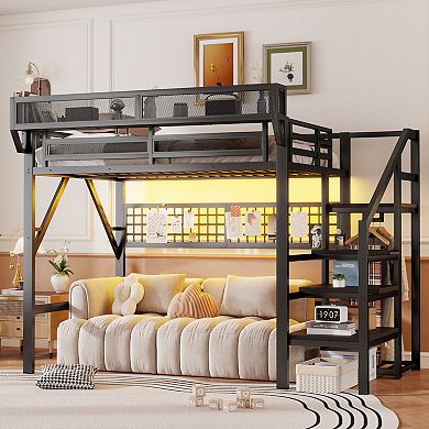 Pnronnc Metal Loft Bed with Stairs, Storage Shelves, Wardrobe & LED Light