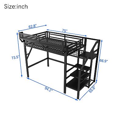 Pnronnc Metal Loft Bed with Stairs, Storage Shelves, Wardrobe & LED Light