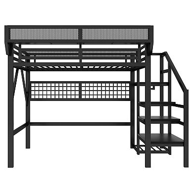 Pnronnc Metal Loft Bed with Stairs, Storage Shelves, Wardrobe & LED Light