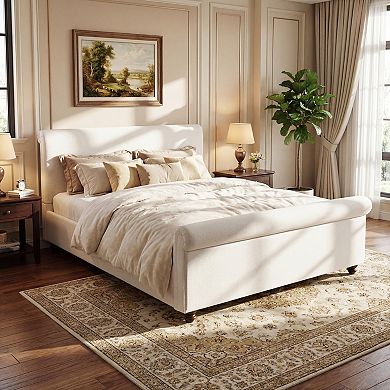 Pnronnc Linen Upholstered Platform Bed with Rolled Headboard and Footboard