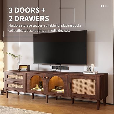 Pnronnc Rattan TV Stand with Storage Cabinets Drawers Modern Media Console