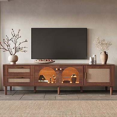Pnronnc Rattan TV Stand with Storage Cabinets Drawers Modern Media Console