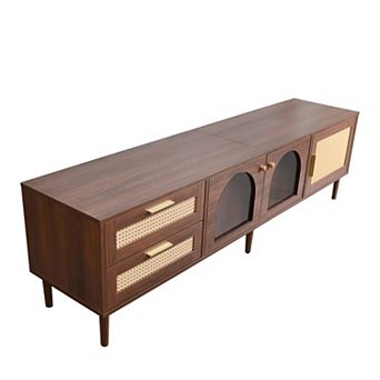Pnronnc Rattan TV Stand with Storage Cabinets Drawers Modern Media Console