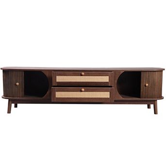 Pnronnc Rattan TV Stand Cabinet with Sliding Doors, Drawers and Cable Management, Media Console