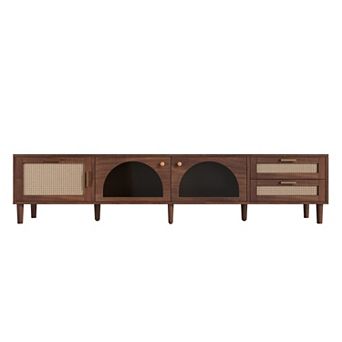 Pnronnc Entertainment Center Rattan TV Stand with LED Lights Storage Drawers and Glass Cabinets