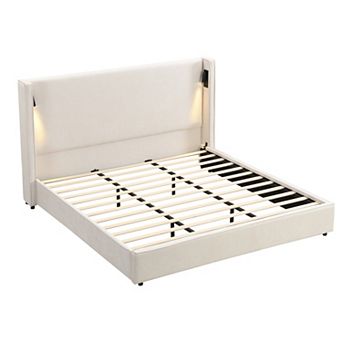 Pnronnc Upholstered Platform Bed High Wingback Bed with Reading Lamp and USB Port