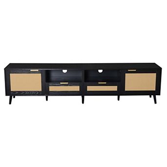 Pnronnc Modern Rattan TV Stand Media Console with Storage Cabinets and Shelves for Living Room