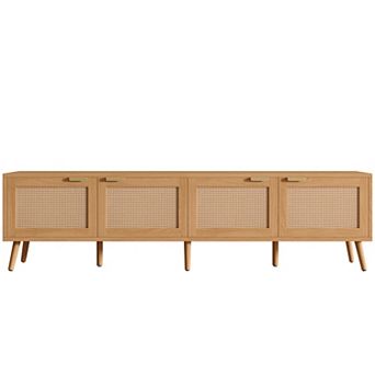 Pnronnc Rattan TV Stand, Farmhouse Media Console with Storage Cabinets