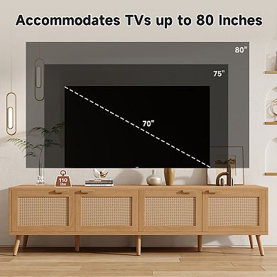 Pnronnc Rattan TV Stand, Farmhouse Media Console with Storage Cabinets