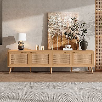 Pnronnc Rattan TV Stand, Farmhouse Media Console with Storage Cabinets