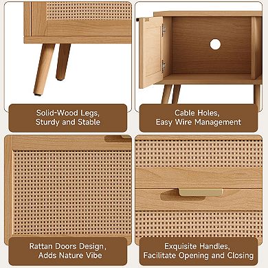 Pnronnc Rattan TV Stand, Farmhouse Media Console with Storage Cabinets