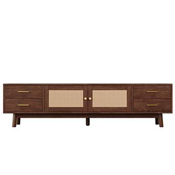 Pnronnc Rattan TV Stand, Modern Wooden Media Console with Storage Cabinets and Cable Management