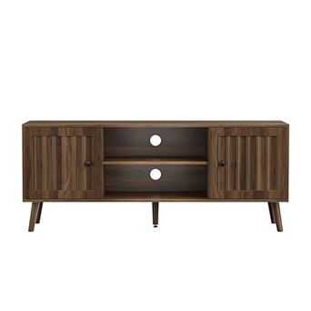 Pnronnc Mid Century Modern TV Stand with Fluted Doors Walnut Finish Storage Console