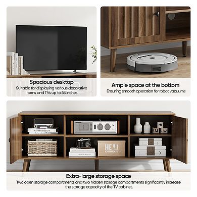 Pnronnc Mid Century Modern TV Stand with Fluted Doors Walnut Finish Storage Console