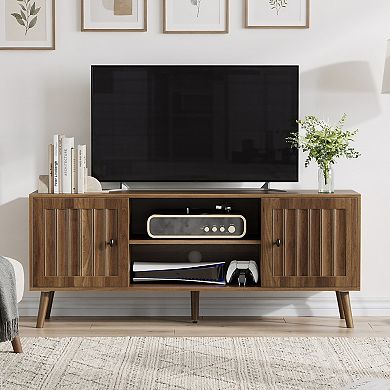 Pnronnc Mid Century Modern TV Stand with Fluted Doors Walnut Finish Storage Console