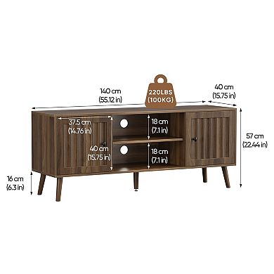 Pnronnc Mid Century Modern TV Stand with Fluted Doors Walnut Finish Storage Console