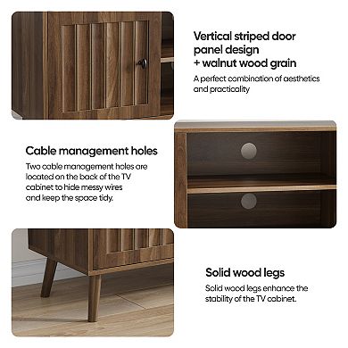 Pnronnc Mid Century Modern TV Stand with Fluted Doors Walnut Finish Storage Console