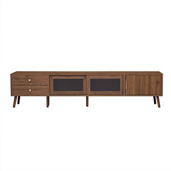 Pnronnc Modern TV Stand with Wave Glass Doors, Storage Drawers & Wood Legs