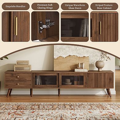 Pnronnc Modern TV Stand with Wave Glass Doors, Storage Drawers & Wood Legs