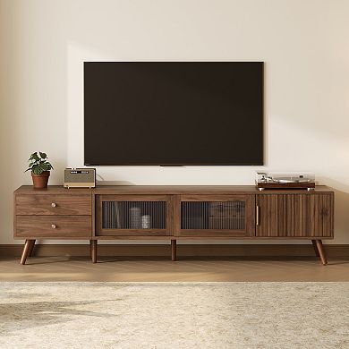 Pnronnc Modern TV Stand with Wave Glass Doors, Storage Drawers & Wood Legs