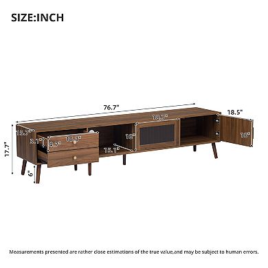 Pnronnc Modern TV Stand with Wave Glass Doors, Storage Drawers & Wood Legs