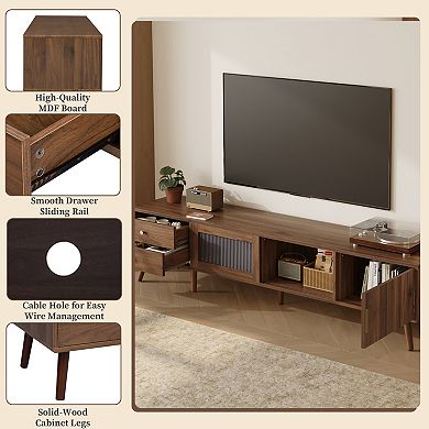 Pnronnc Modern TV Stand with Wave Glass Doors, Storage Drawers & Wood Legs