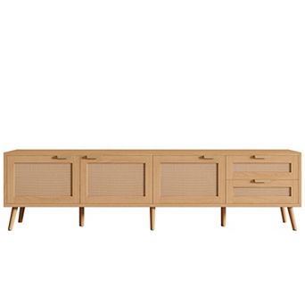 Pnronnc TV Stand with Rattan Doors, Boho Media Console with Storage Cabinets, Entertainment Center