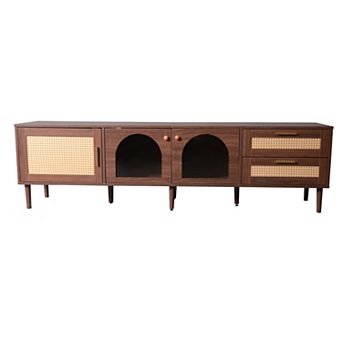 Pnronnc Rattan TV Stand with App-Controlled LED Lights, Entertainment Center with Storage