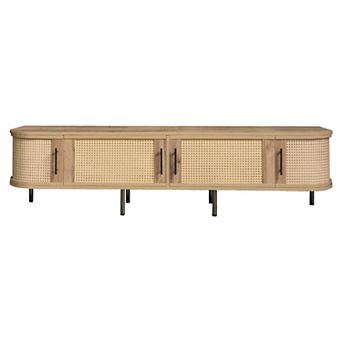 Pnronnc Rattan TV Stand with Storage Cabinets and Iron Legs