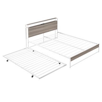 Pnronnc Modern Metal & Wood Daybed with Trundle Bed, USB Headboard, No Box Spring Needed Bed Frame